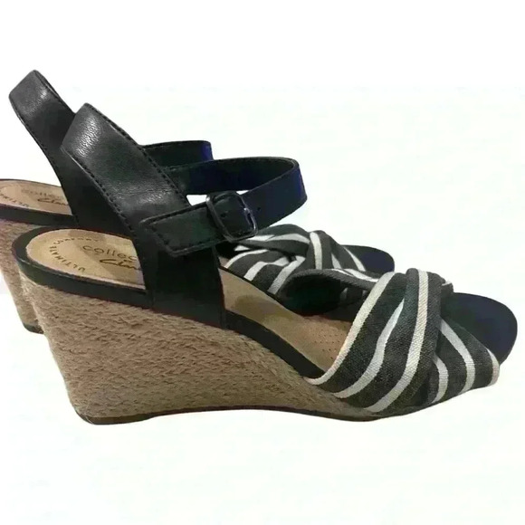 Clark’s Margee Beth Navy Striped Sandals Wedge Heels Rope Size 7.5 used like new - Picture 4 of 6